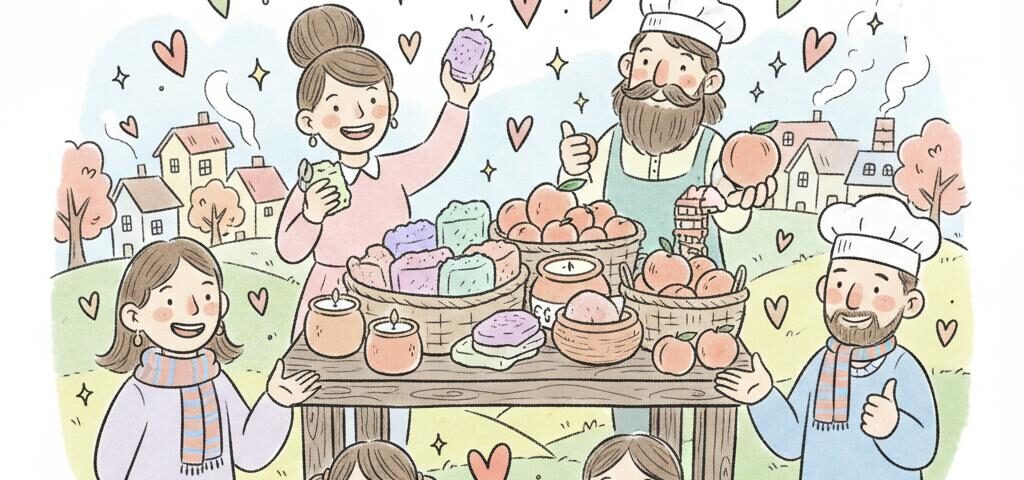 Illustration of a cheerful, diverse community celebrating the Patreon launch of Little Peach Gifts, with hand-drawn soaps, candles, and peaches on a pastel background. Perfect for inviting readers to join the Little Peach Gifts Patreon community.