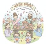 Illustration of a cheerful, diverse community celebrating the Patreon launch of Little Peach Gifts, with hand-drawn soaps, candles, and peaches on a pastel background. Perfect for inviting readers to join the Little Peach Gifts Patreon community.