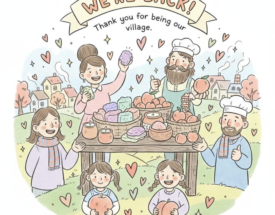 Illustration of a cheerful, diverse community celebrating the Patreon launch of Little Peach Gifts, with hand-drawn soaps, candles, and peaches on a pastel background. Perfect for inviting readers to join the Little Peach Gifts Patreon community.